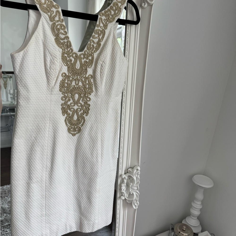 Elegant White Dress with Gold Embroidery by Lilly Pulitzer in size 2